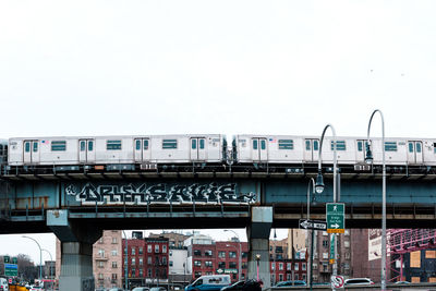 Train on bridge against clear sky