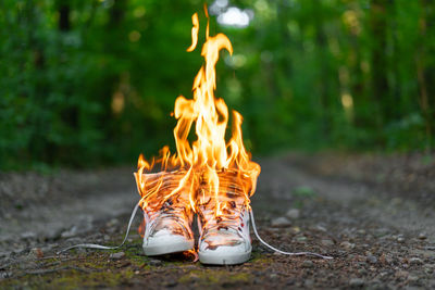 Shoes burning in forest