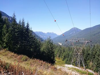 Overhead cable car over mountains against clear sky