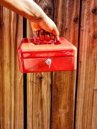 Close-up of hand holding red mailbox