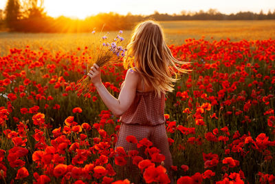 Rear view of woman standing by red flowers on field