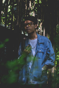 Young man looking away standing in forest