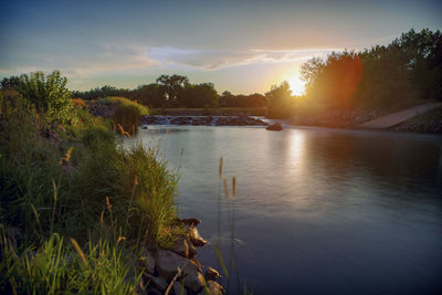 Scenic view of lake against sky during sunset