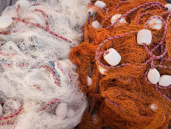 High angle view of fishing net at harbor