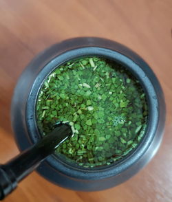 High angle view of vegetables in bowl on table
