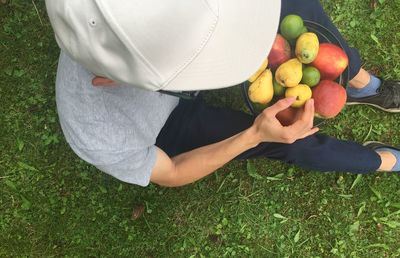 High angle view of man sitting with various fruits on grassy field