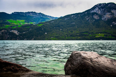 Scenic view of lake and mountains against sky