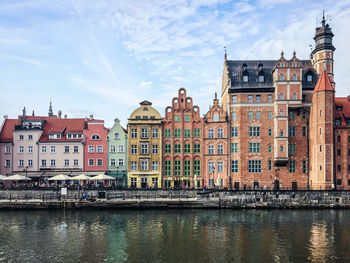 Buildings by river in town against sky