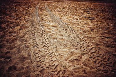 High angle view of tire tracks on sand