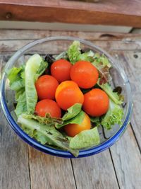 High angle view of salad in bowl on table