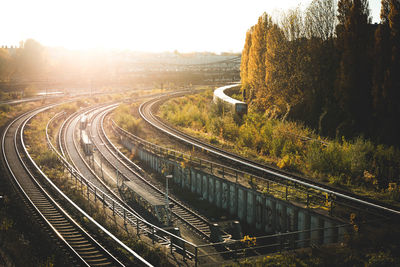 High angle view of railroad tracks by trees on sunny day