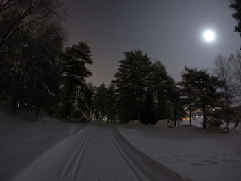 Road amidst snow covered trees against sky at night