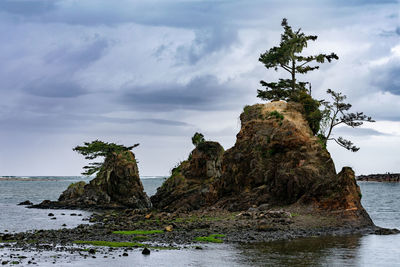 Rock formation on beach against sky