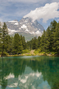 Wonderful view of blue lake lago blu with matterhorn massif in the background, valle d'aosta, italy