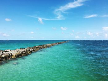 Scenic view of sea against blue sky