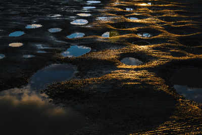 High angle view of puddle on beach