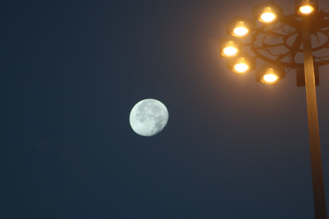 LOW ANGLE VIEW OF ILLUMINATED MOON AGAINST SKY