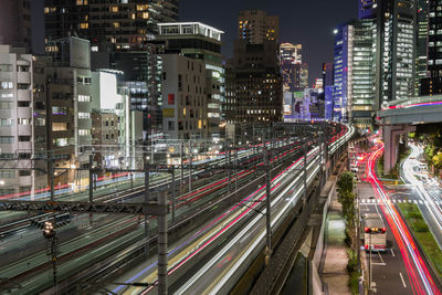 High angle view of light trails at night