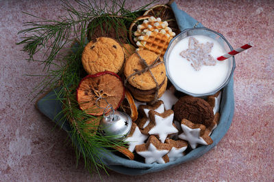 High angle view of cookies in plate on table