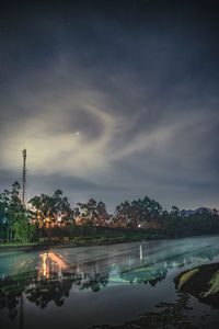 Scenic view of lake against sky at night