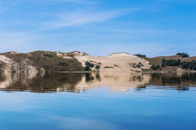 Scenic view of lake against blue sky