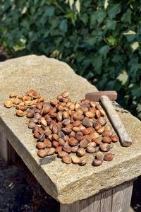 High angle view of almonds on wood