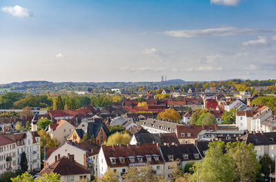 High angle view of townscape of kassel, germany, against sky