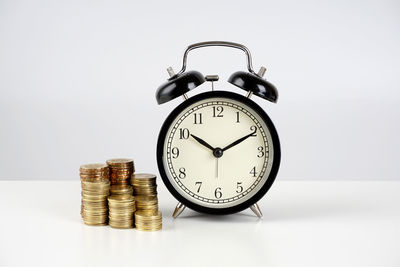 Close-up of clock on table against white background