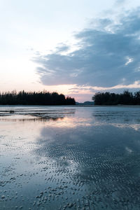 Scenic view of lake against sky during sunset