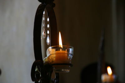 Close-up of lit tea light candles