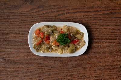 High angle view of meal served on table
