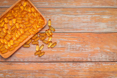 High angle view of bread on wooden table