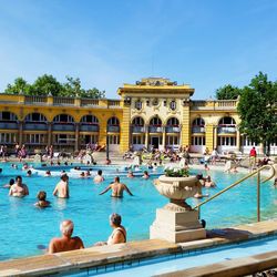 Group of people swimming in pool against clear sky