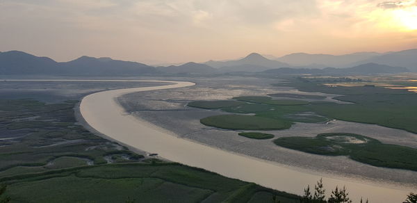 Scenic view of lake against sky during sunset