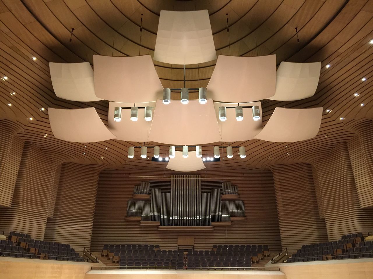 ceiling, indoors, illuminated, lighting equipment, architecture, low angle view, no people, built structure, day