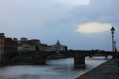 Bridge over river against buildings in city