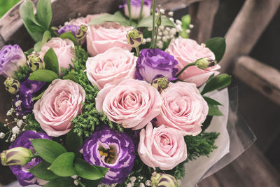 High angle view of rose bouquet