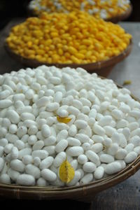 High angle view of eggs in container on table