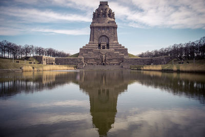 Reflection of temple in lake against cloudy sky