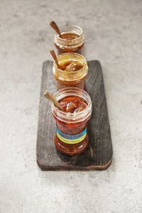 High angle view of glass jar on table