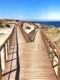 Boardwalk leading towards sea against clear sky