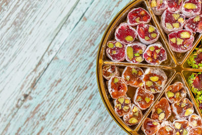 Delicious assortment of turkish delight, top view closeup