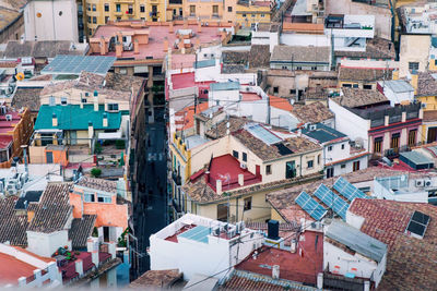 High angle view of residential buildings in city