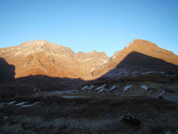 Scenic view of mountains against clear blue sky