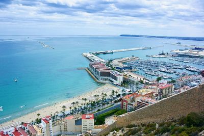 High angle view of harbor by sea against sky
