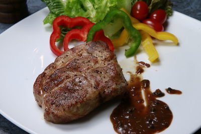 High angle view of food served in plate