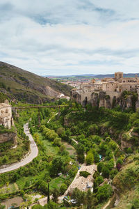 High angle view of town against sky