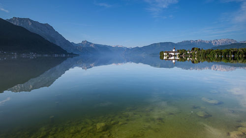 Scenic view of lake and mountains against sky