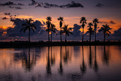 Silhouette palm trees by swimming pool against sky during sunset