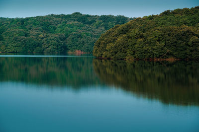 Scenic view of lake in forest against sky in japan.